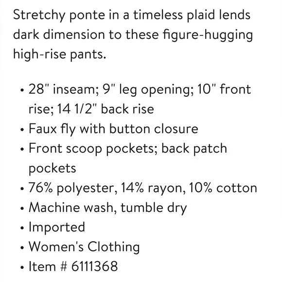 NWT Liverpool Jeans Stretch Plaid Ponte Pants Womens Size 6 Petite - Picture 8 of 12